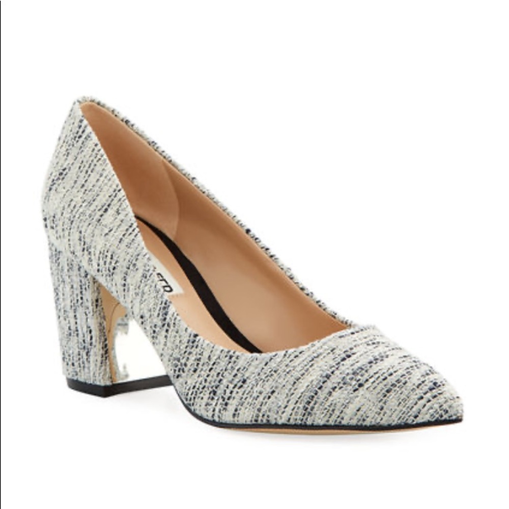 Karl Lagerfeld Tweed Pointed Toe Block Heel Pumps in Ivory and Navy